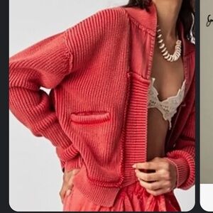 FREE PEOPLE worn thru surplus cardi in high risk red